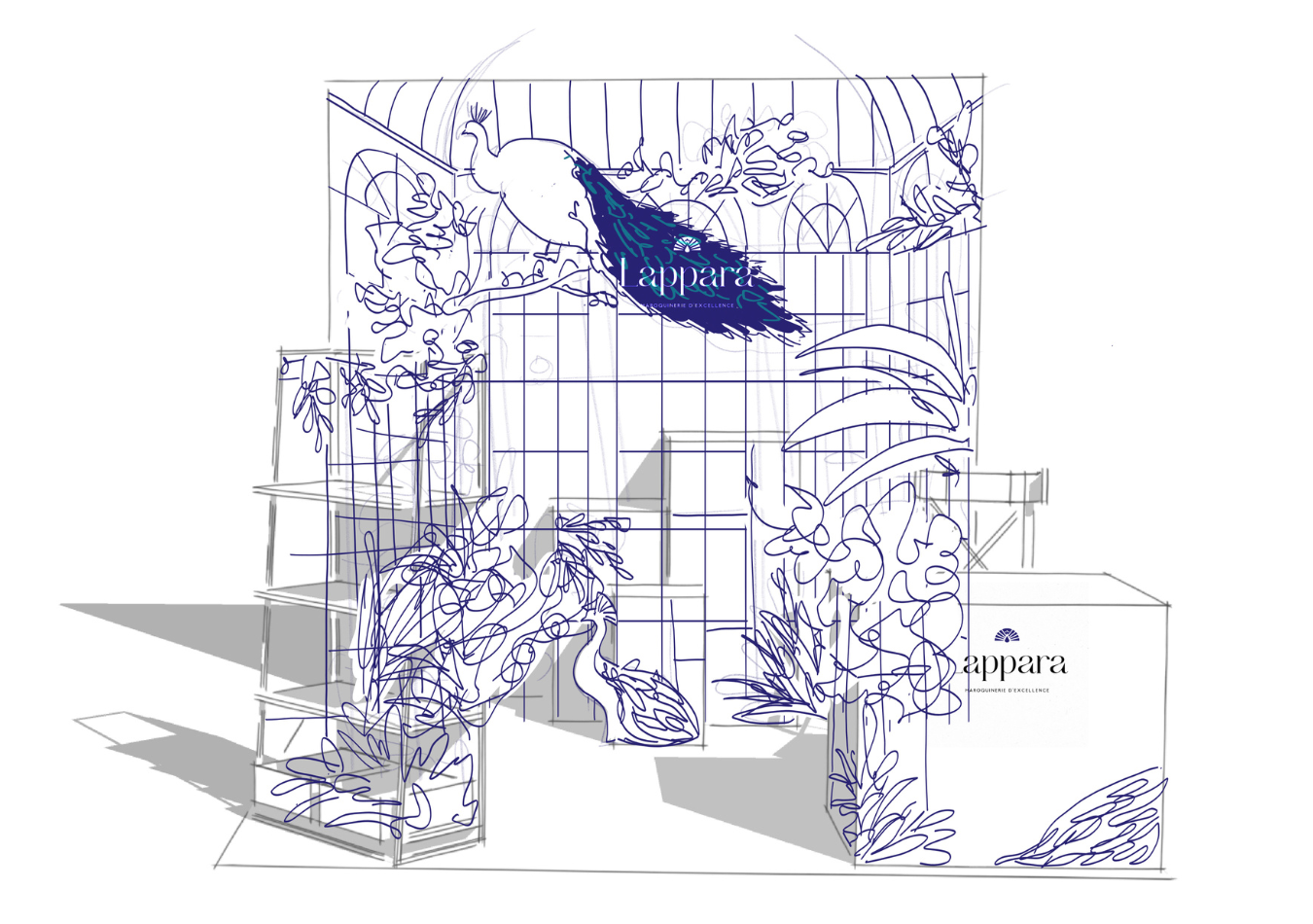 Croquis préparatoire d'une scénographie de boutique éphémère pour une marque de maroquinerie.