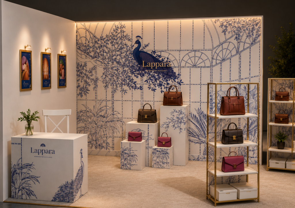Visualisation 3D d'une boutique éphémère imaginée pour une marque de maroquinerie haut de gamme.